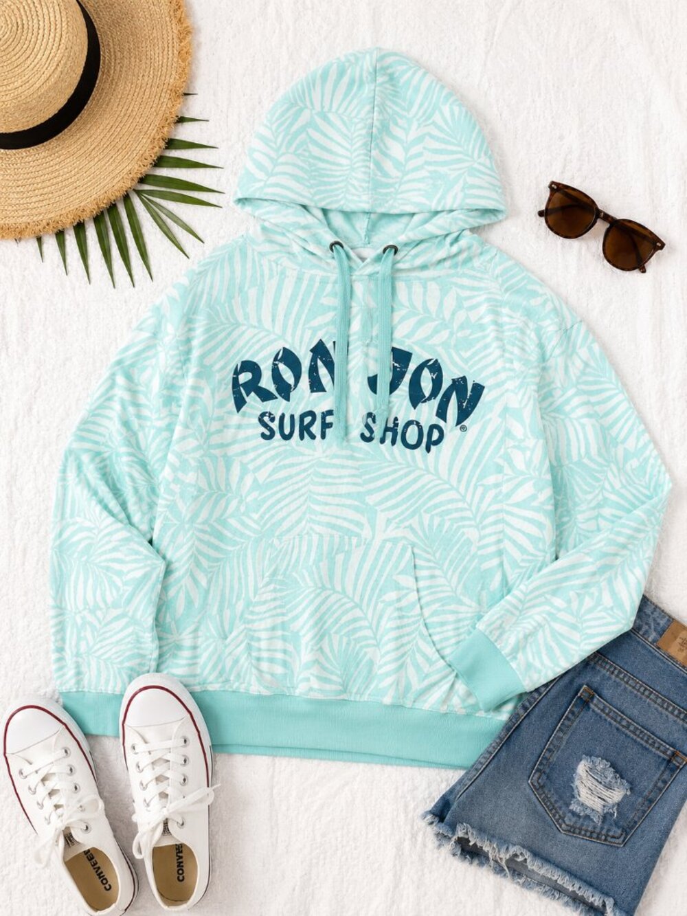 Ron Jon Surf Shop Size Medium Aqua Tropical Palm Print Pullover Hoodie